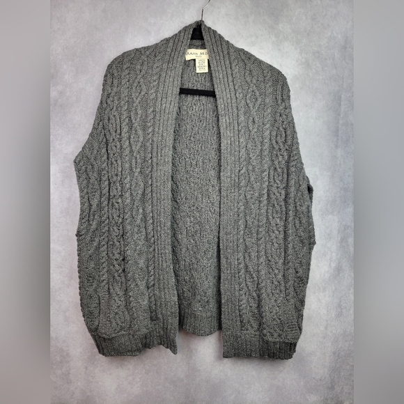 Aran Crafts Merino Wool Chunky Cable Knit Open Front Cardigan Sweater‎ Grey M/L - Picture 1 of 9